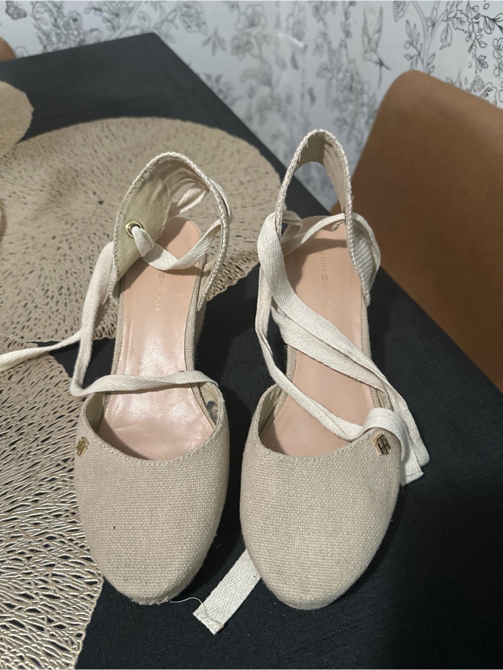 Tommy Hilfiger Cream Canvas Espadrille Lace-Up Wedges